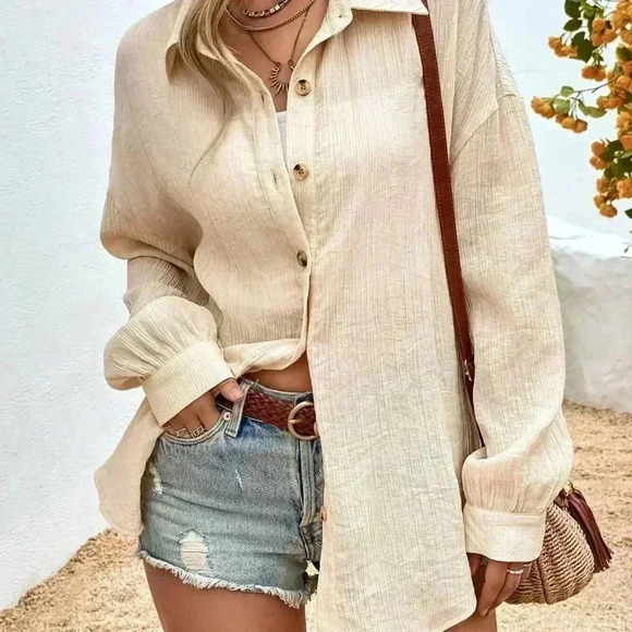 Khaki Boho Womens Drop Shoulder Button Front Shirt - Picture 1 of 5